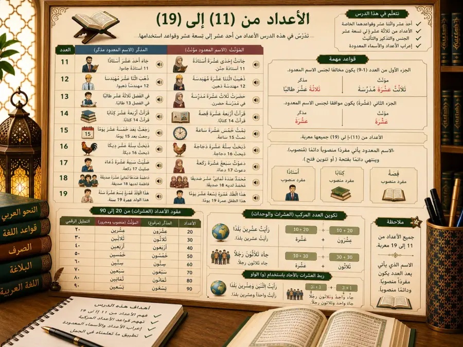 Arabic numbers lesson from 11 to 19