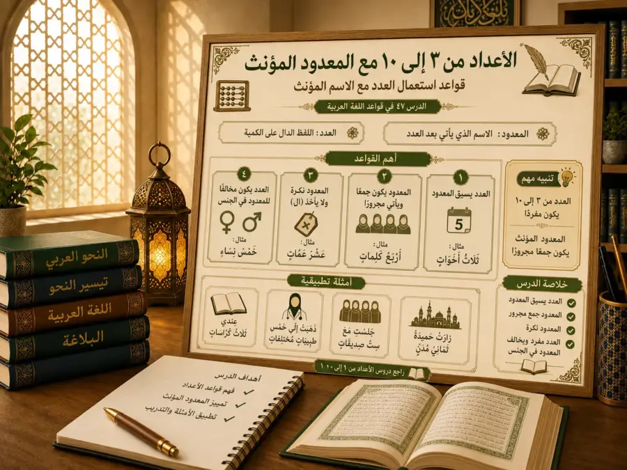 Arabic numbers lesson with feminine nouns from 3 to 10