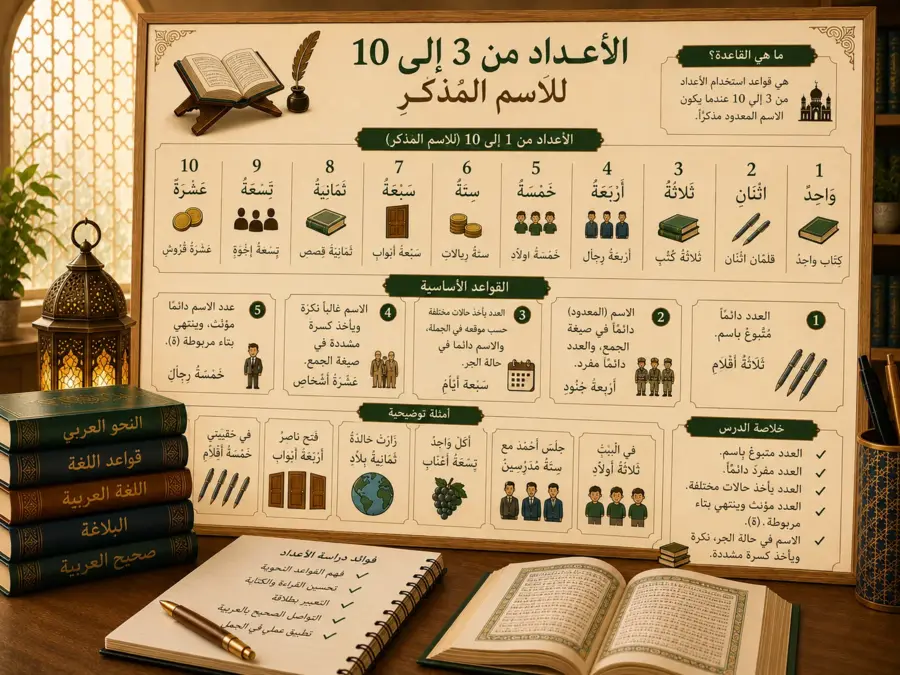 Arabic numbers lesson with masculine nouns from 3 to 10