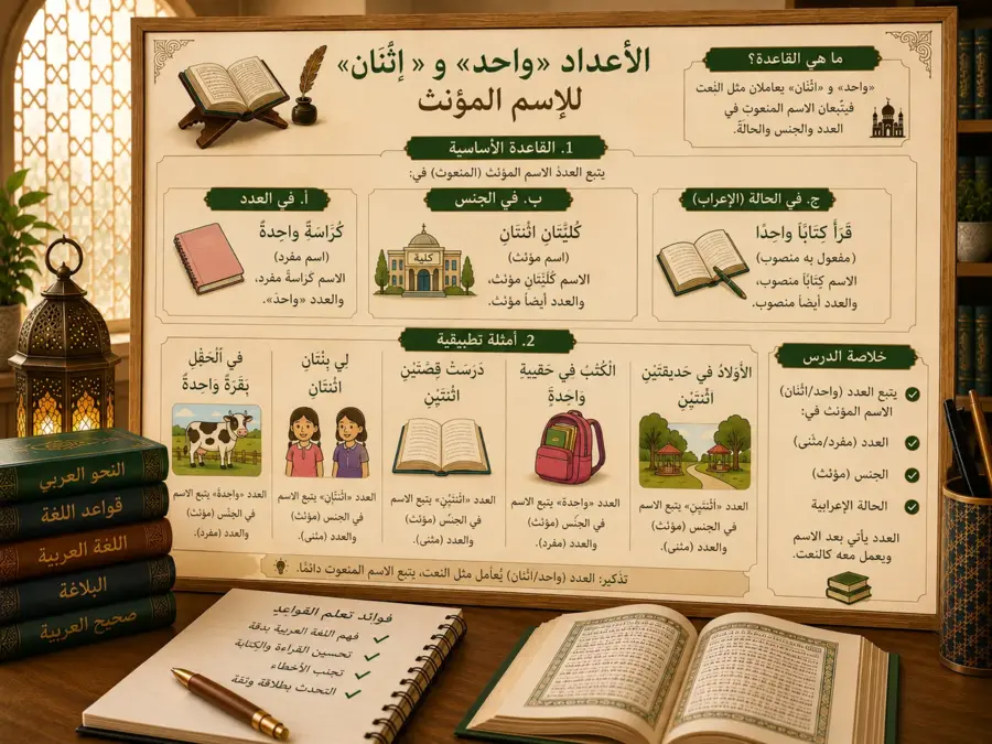 Arabic numbers lesson about 1 and 2 with feminine nouns