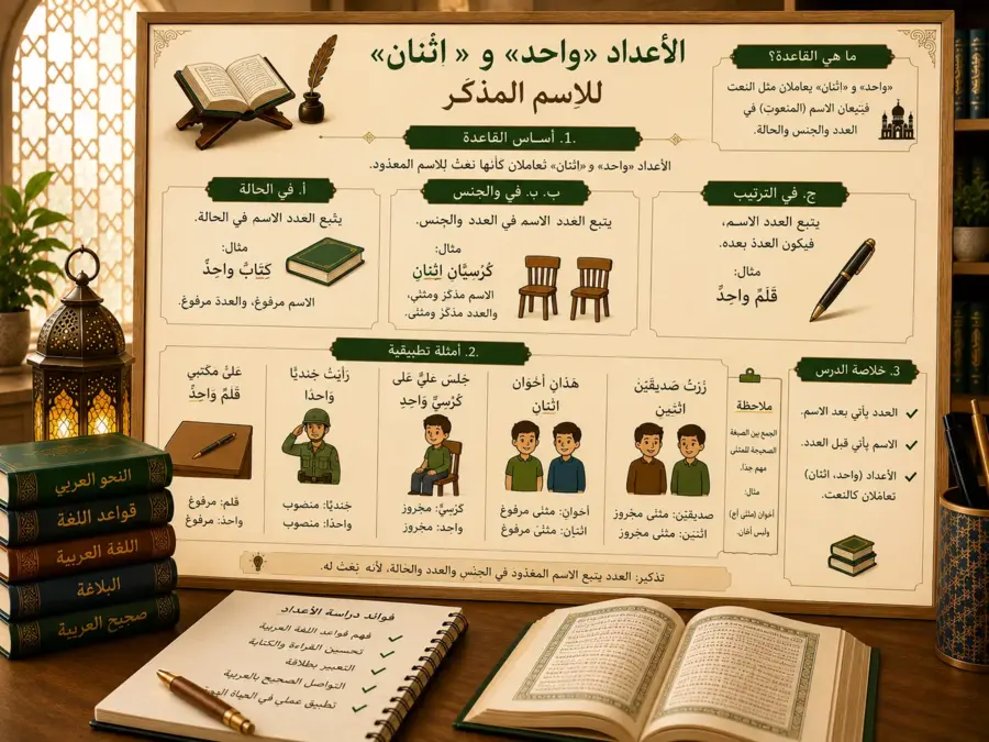 Arabic numbers lesson about 1 and 2 with masculine nouns