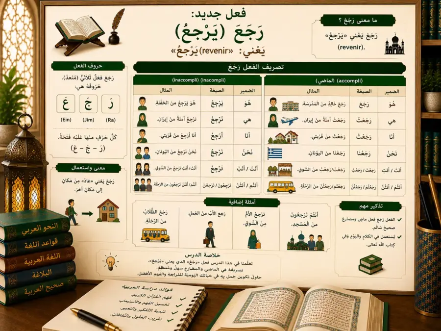 Arabic verb lesson about raja’a meaning to return