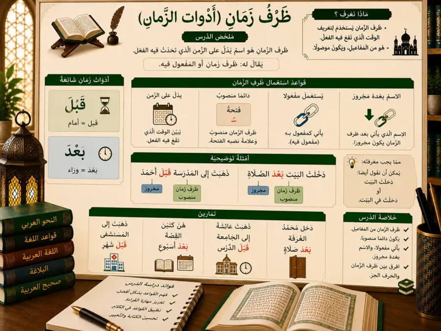 Leçon arabe sur les adverbes de temps avant et après