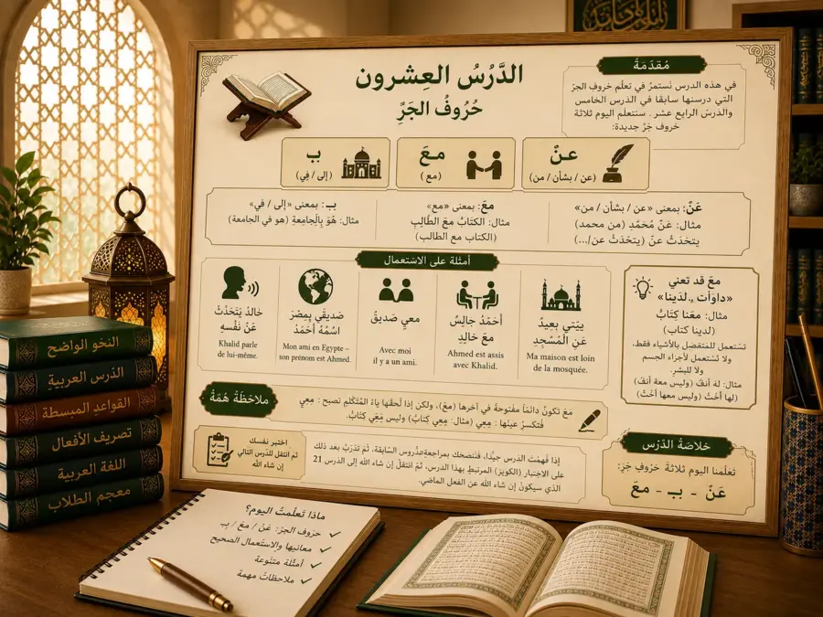 Illustration of Arabic prepositions عَنْ، مَعَ and بِـ