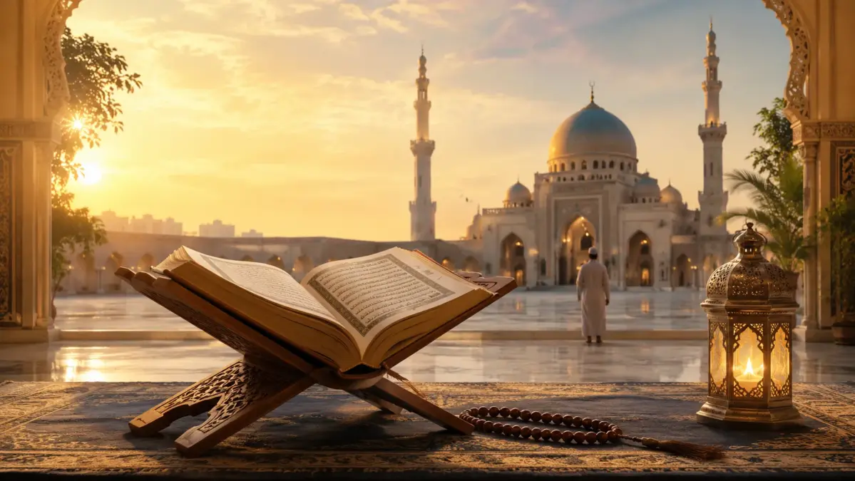 Coran ouvert devant une mosquée