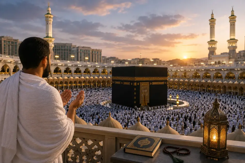 Homme invoquant Allah face à la Kaaba
