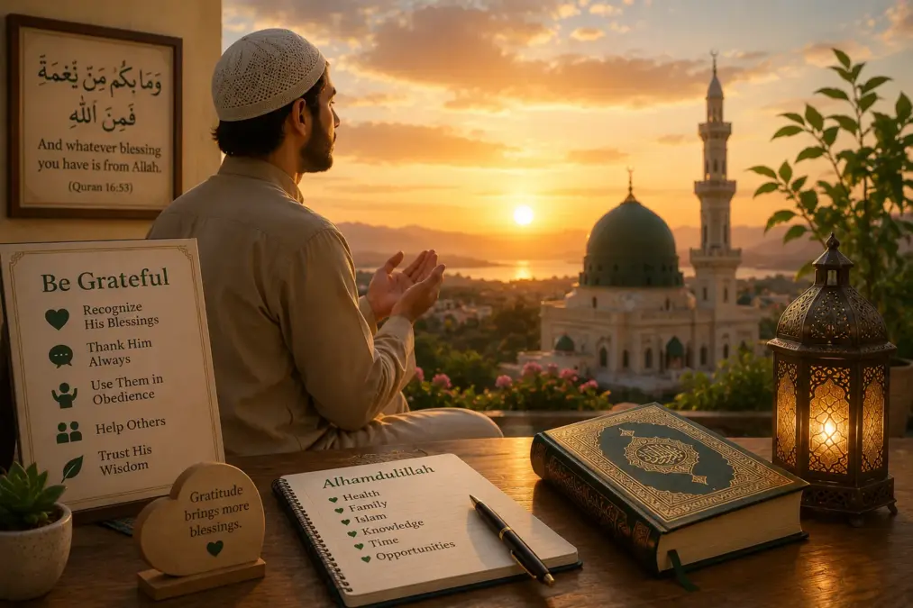 Man thanking Allah before a mosque