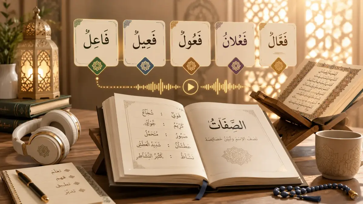 Livre d’arabe ouvert avec exemples d’adjectifs coraniques