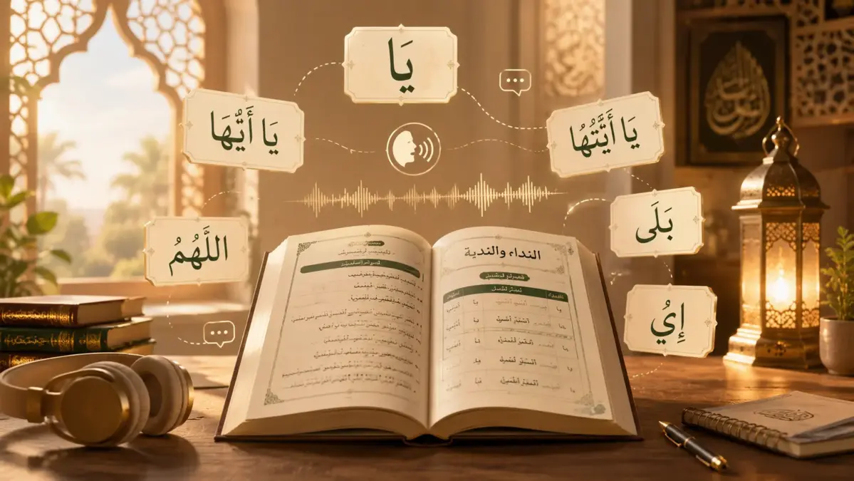 Livre d’arabe ouvert avec particules d’interjection coraniques
