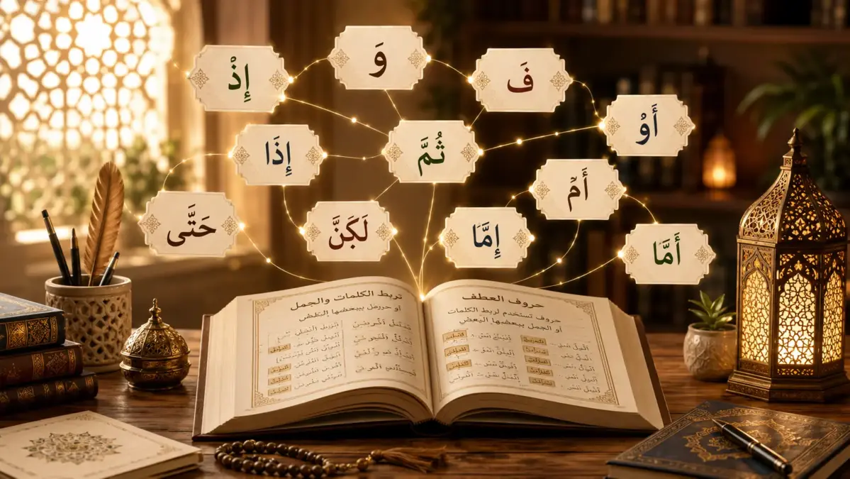 Open Arabic book with Quranic conjunction particles