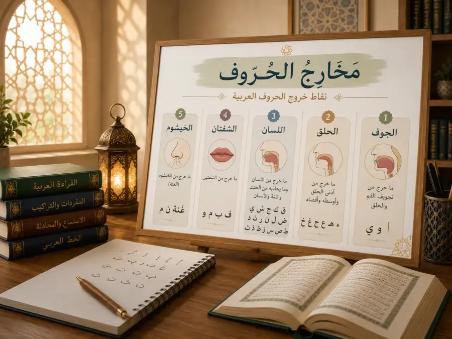 Tableau de Tajwid sur les points de sortie des lettres arabes