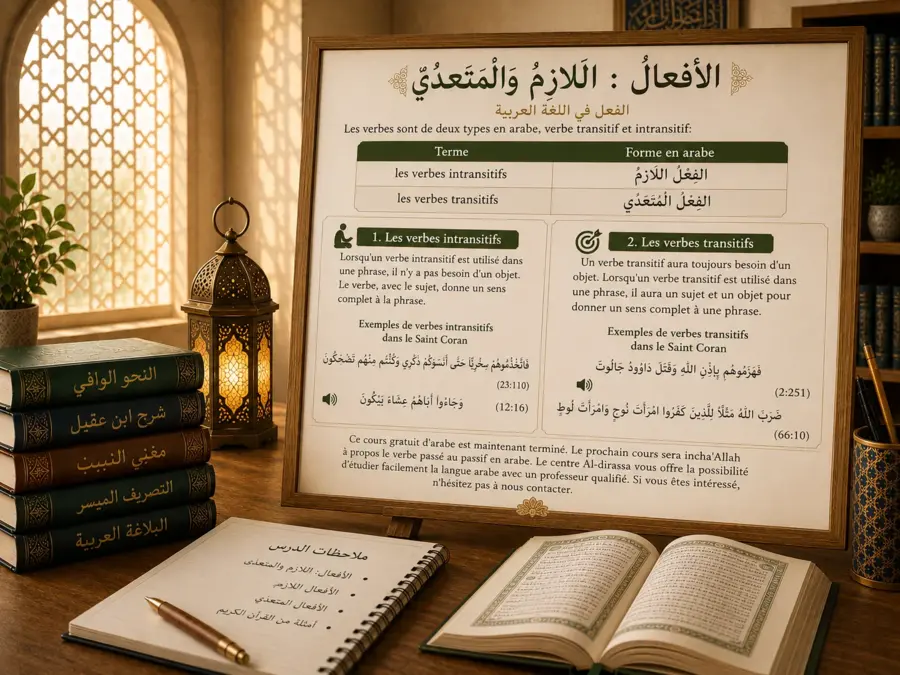 Tableau pédagogique sur les verbes arabes transitifs et intransitifs