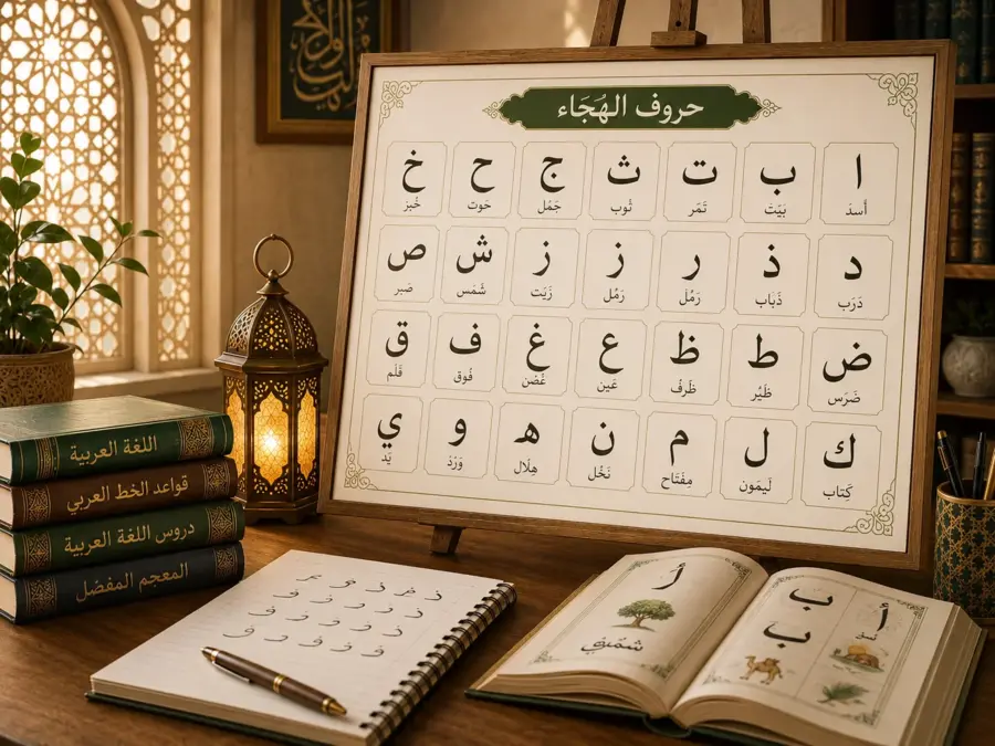Chart of the 28 Arabic alphabet letters with open book