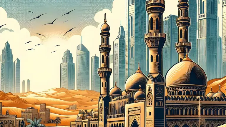 Illustration de mosquée, désert et gratte-ciel arabes