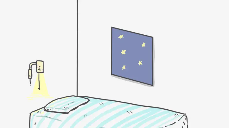 Lit illustré sous une fenêtre de nuit
