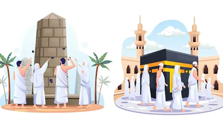 Hajj illustration with pilgrims around the Kaaba