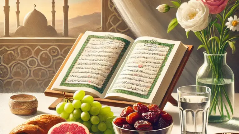 Coran ouvert avec aliments halal sur une table