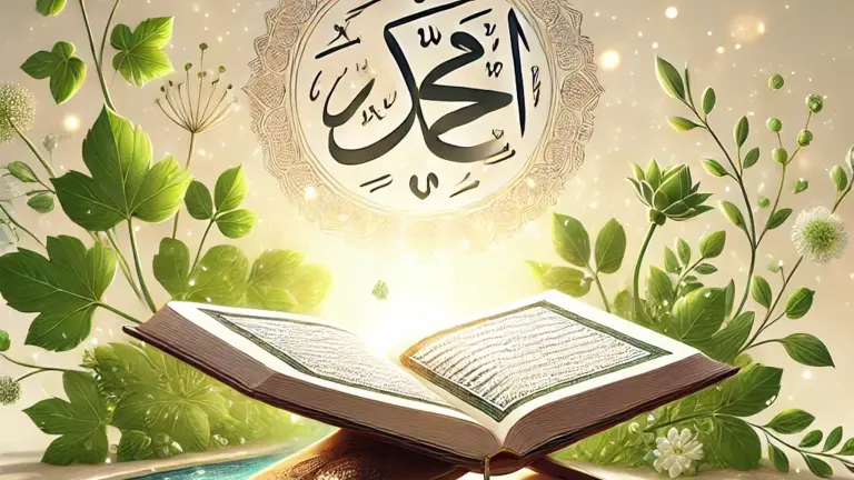 Open Quran with Islamic calligraphy and green decor