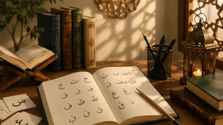 Cahier d’apprentissage de l’arabe, alphabet arabe et matériel d’étude posés sur un bureau dans une ambiance calme et lumineuse.