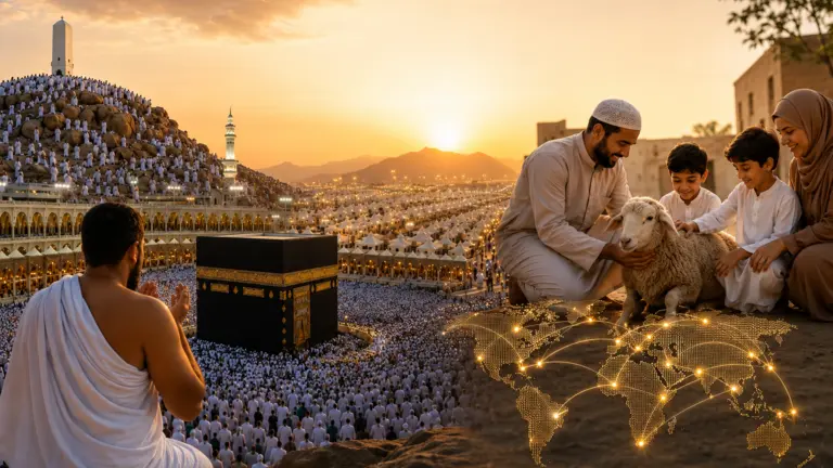 Pèlerins en tenue blanche de ihram rassemblés à La Mecque lors du Hajj, symbolisant le lien spirituel avec l'Aïd al-Kébir