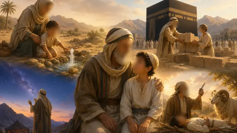 Parent lisant un livre illustré sur le prophète Ibrahim à son enfant, pour lui transmettre l'histoire coranique d'Ibrahim et Ismaïl