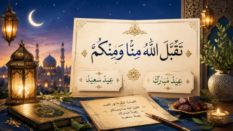 Calligraphie arabe élégante de la formule "Taqabbal Allahu minna wa minkum — Aïd Mubarak" sur fond décoratif islamique doré