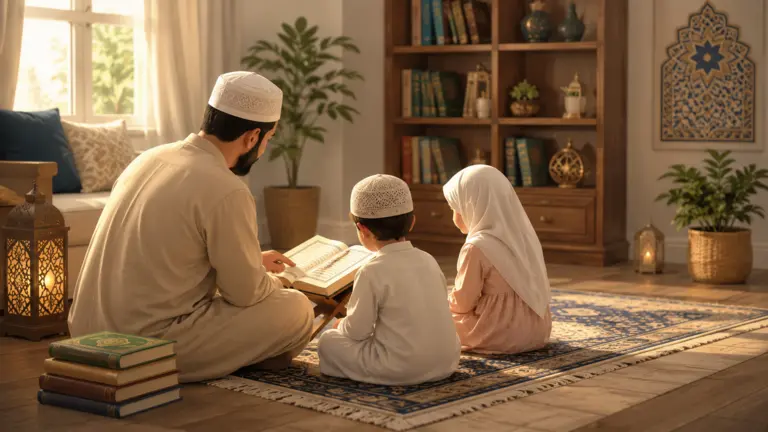 Un père musulman assis avec ses jeunes enfants, lisant ensemble un livre du Coran ouvert sur la table du salon
