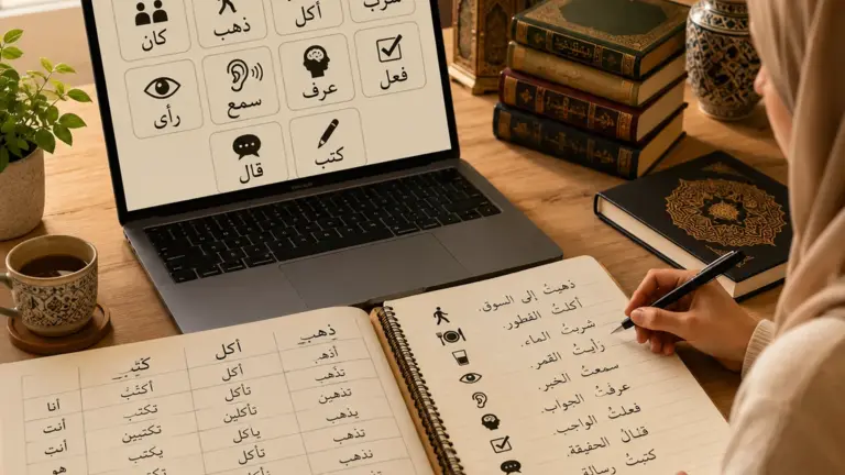 Étudiante apprenant les verbes arabes avec ordinateur et cahier