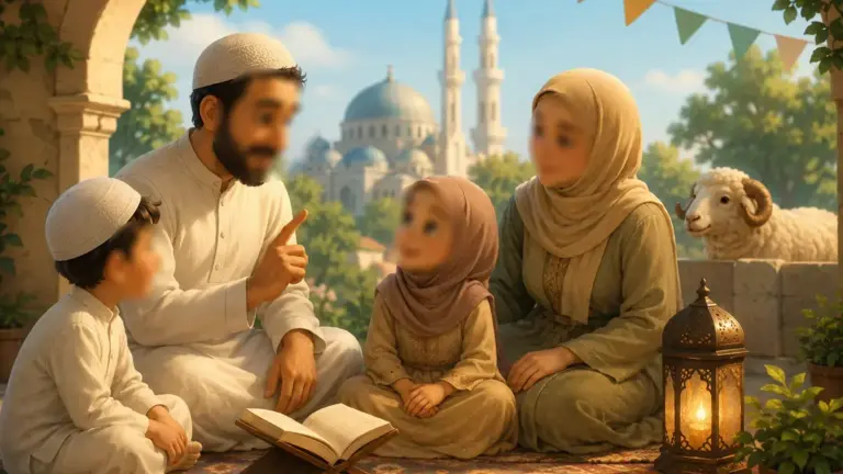 Famille musulmane expliquant l’Aïd al-Kébir aux enfants