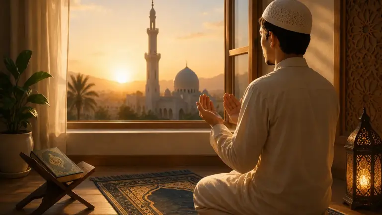 Homme musulman récitant les adhkār du matin
