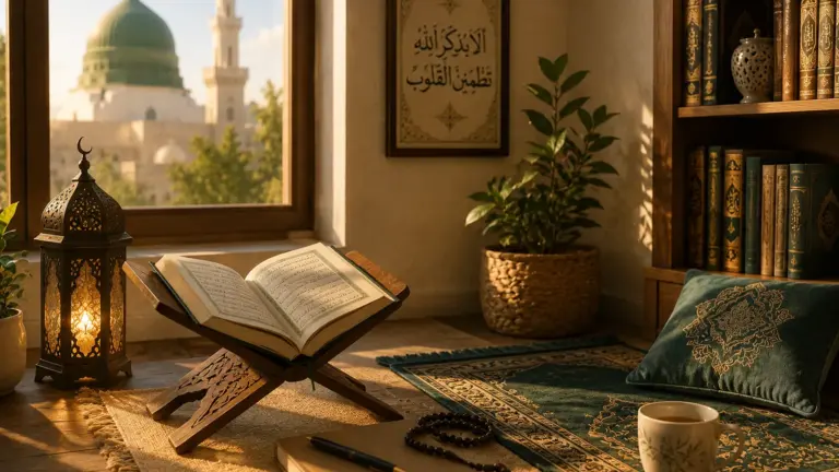 Coran ouvert dans un espace de dhikr musulman