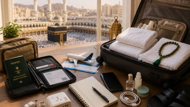 Pèlerin préparant ses documents, ses bagages, ses vêtements d’Ihram et ses essentiels avant un voyage de Omra
