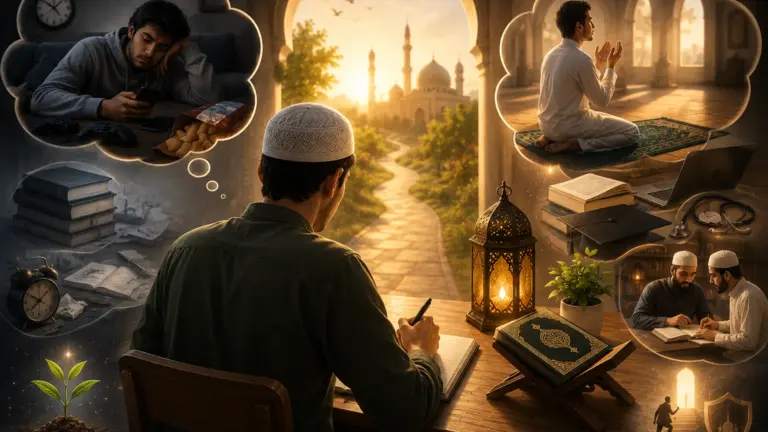 Muslim student seeking Islamic knowledge with Quran and duas
