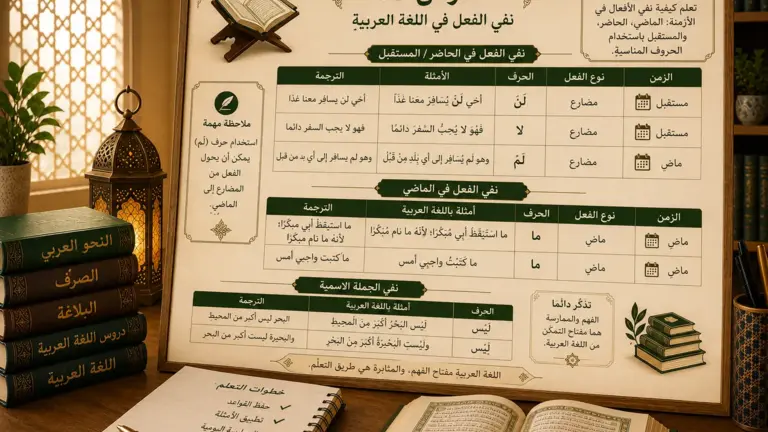 Tableau de grammaire arabe sur les particules de négation