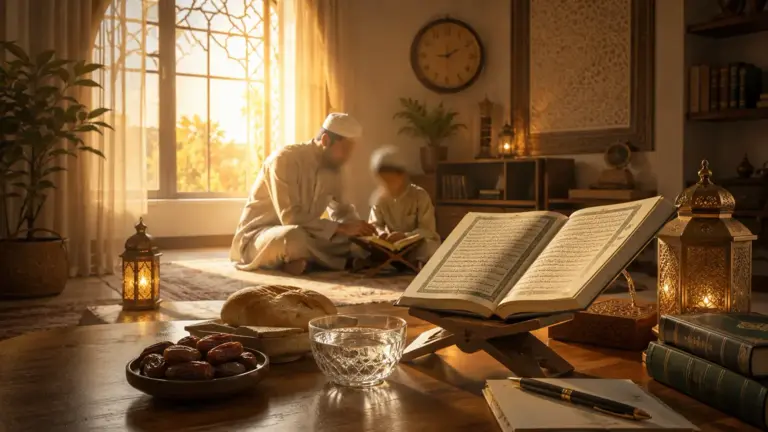 Father and child studying Quran at home