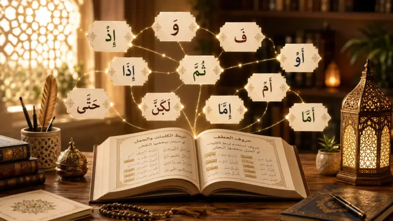 Livre d’arabe ouvert avec particules de conjonction coraniques
