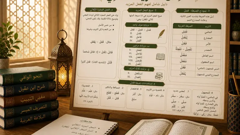 Affiche pédagogique sur le verbe dérivé trilittéral en arabe
