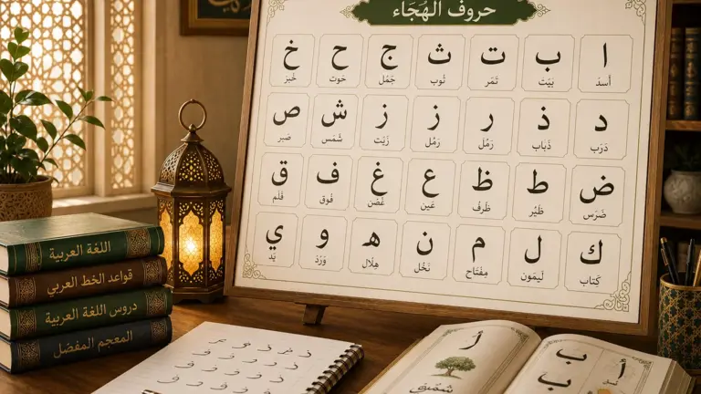 Tableau des 28 lettres de l’alphabet arabe avec livre ouvert