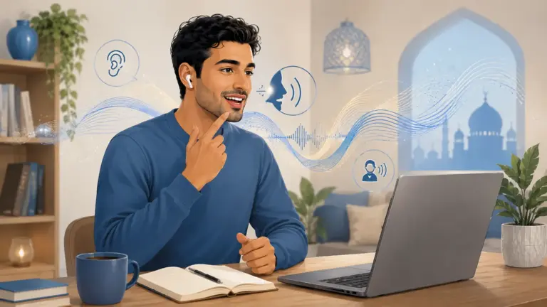 Elev der øver arabisk udtale under en onlinelektion
