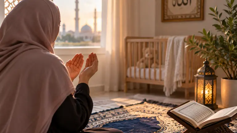Mujer musulmana invocando a Allah junto a una cuna