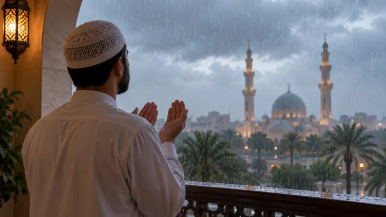 Homme invoquant Allah sous la pluie face à une mosquée