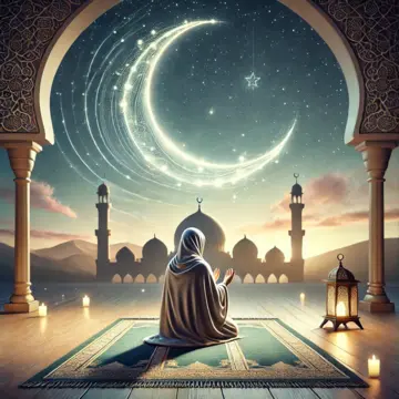 Person praying under a crescent moon
