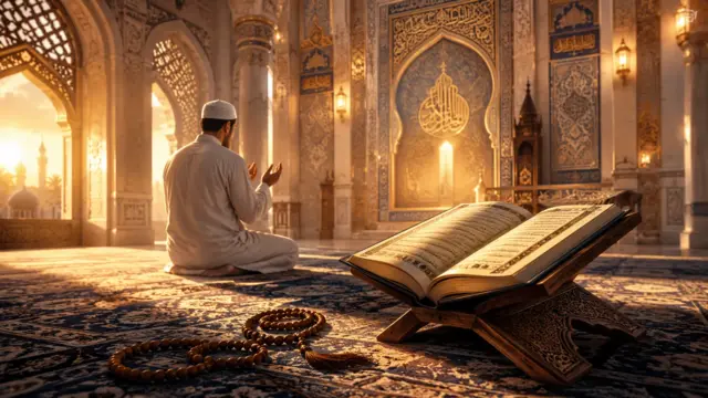 Open Quran in mosque with man praying