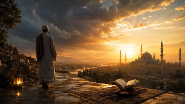 Homme face à une mosquée au coucher du soleil