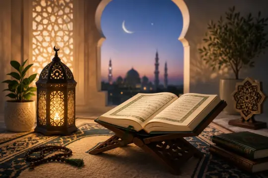 Coran ouvert devant une mosquée au crépuscule