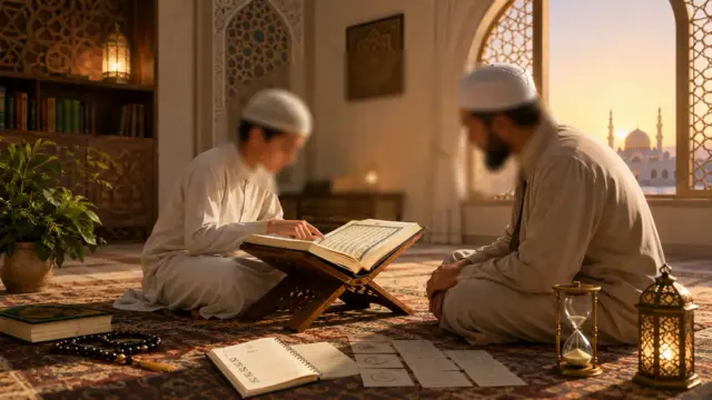 Enfant mémorisant le Coran avec professeur