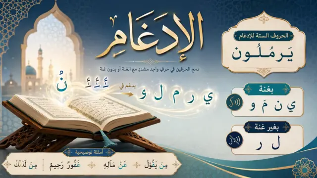 Educational illustration of the Idgham rule in Tajweed with an open Quran, Arabic letters, and the categories of Idgham with and without ghunnah.