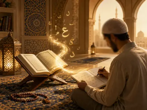 Student learning Arabic beside an open Quran