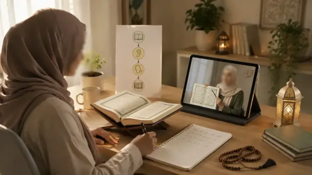 Adult learner studying the Quran with an open Mushaf and handwritten notes, illustrating step-by-step Quranic recitation learning for non-Arabic speakers