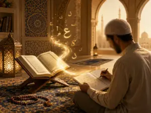 Student learning Arabic beside an open Quran
